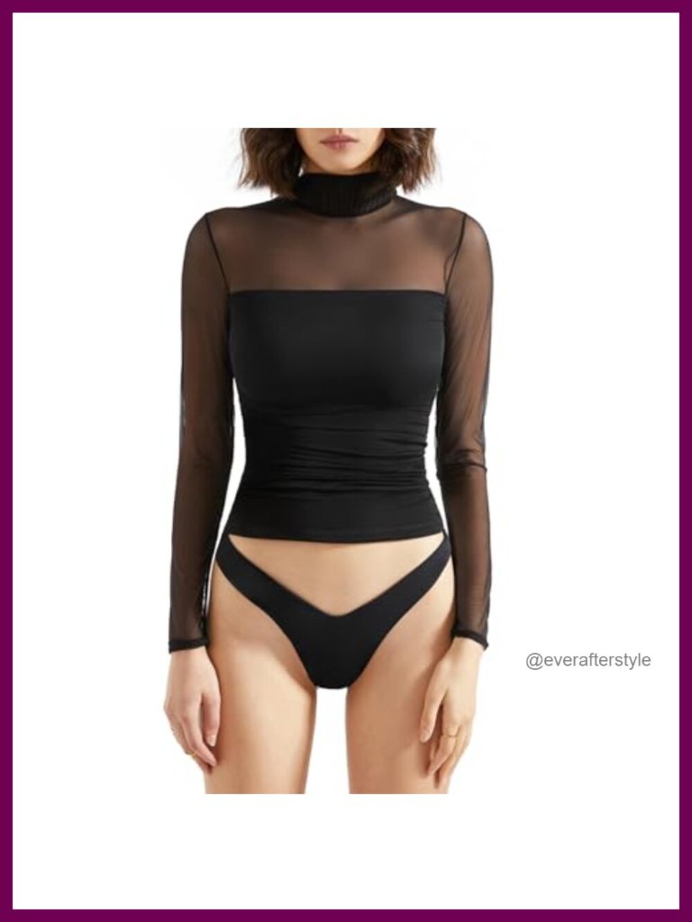 Double Line Mesh Sheer Crop Tank Top Mock Neck Long Sleeve